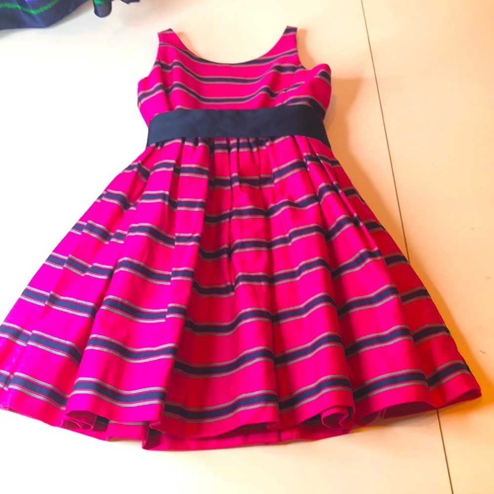 Ralph Lauren Pink Dress Blue Green Stripe Belt Covered Buttons Lined Girls 6 EUC